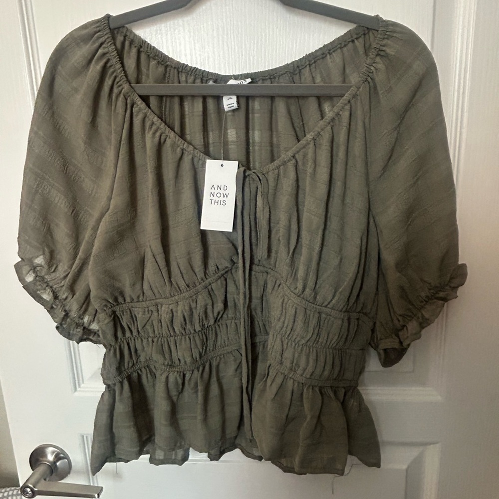 Macy's Green Puff Sleeve Smocked Peplum Blouse